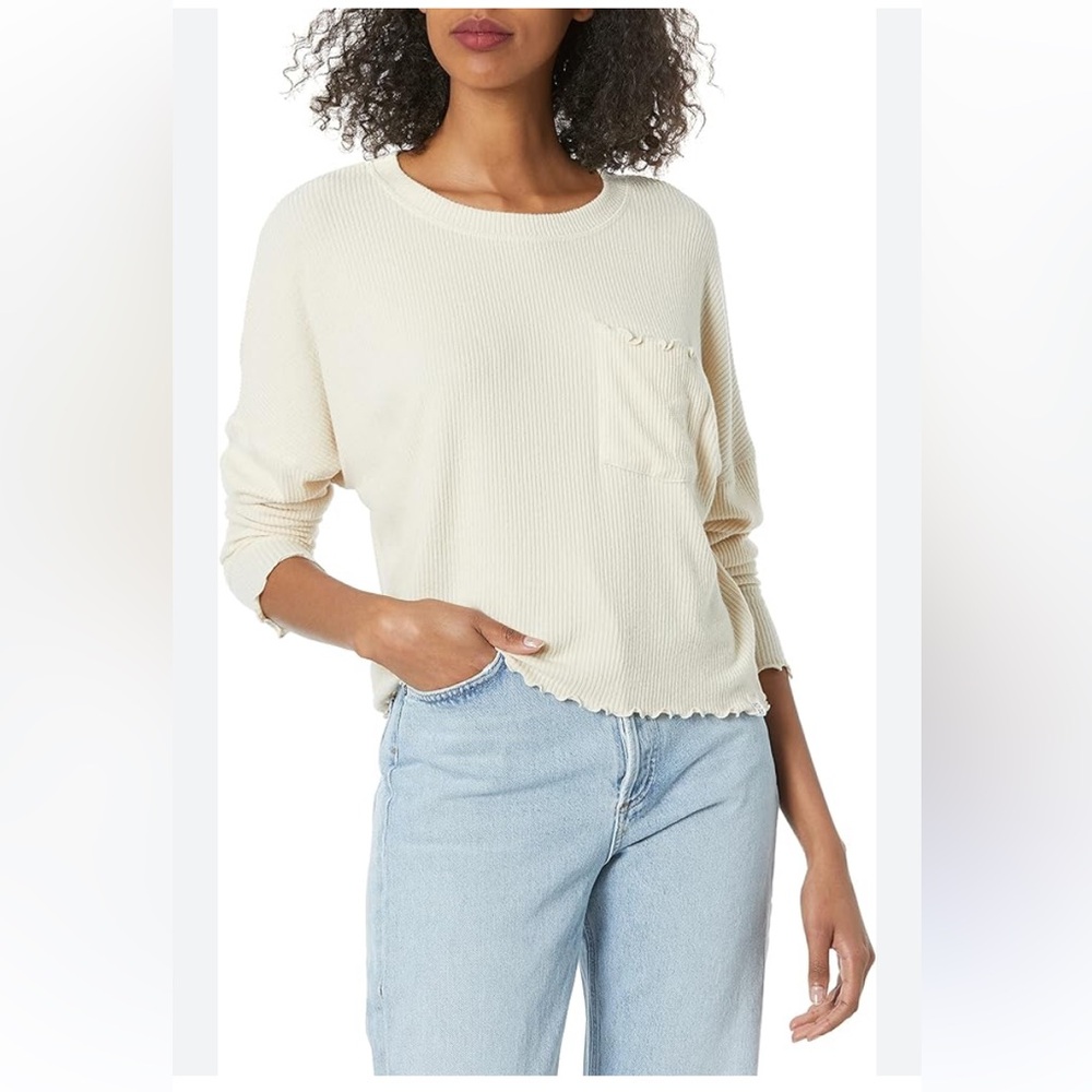 ROXY Ribbed Scallop Bottom Cozy Day Pullover Pocket Long Sleeve T-Shirt Size XL